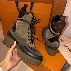 Louis Vuitton Women's Black and Brown Lace-Up Boots